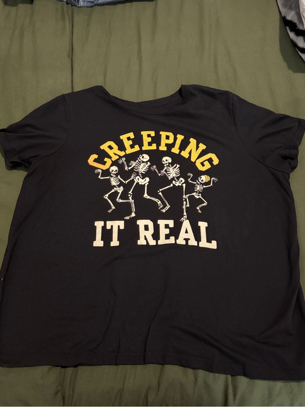 Old Navy Black Short-Sleeve Tee with Skeleton Graphic and Yellow Lettering